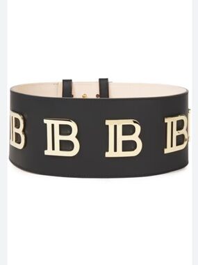 Balmain Paris Statement Logo Leather Waist Belt Black Gold Size 34